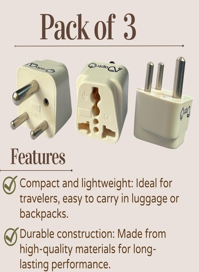 Adaptro USA, UK, Australia to India Plug Converter for Convert World-Wide Plug to Type D Indian Power Sockets (Set of 3) White - Image 2